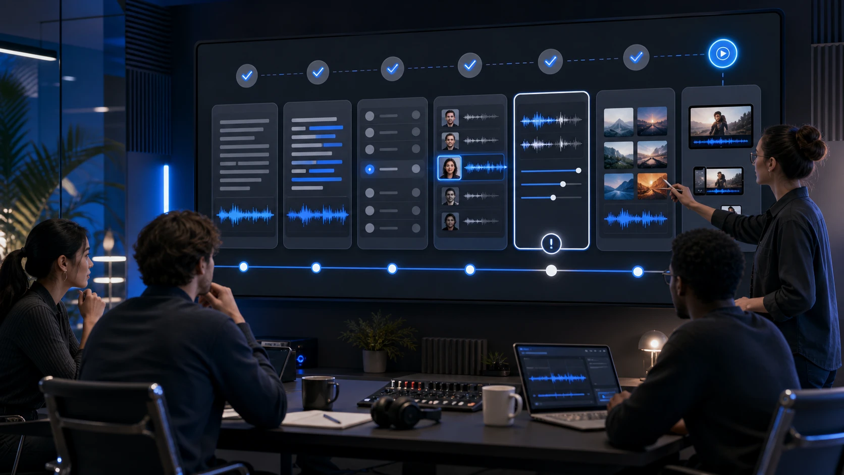 Creator localization team reviewing an AI dub across transcript, speaker, timing, audio mix, metadata, and publishing checkpoints