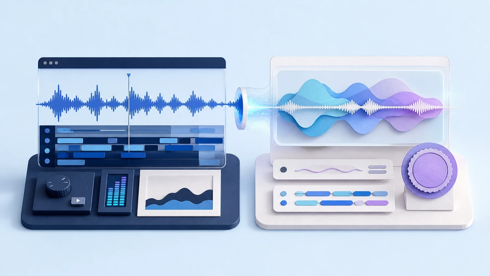 A source waveform and edit timeline passing into a reviewed multilingual audio track