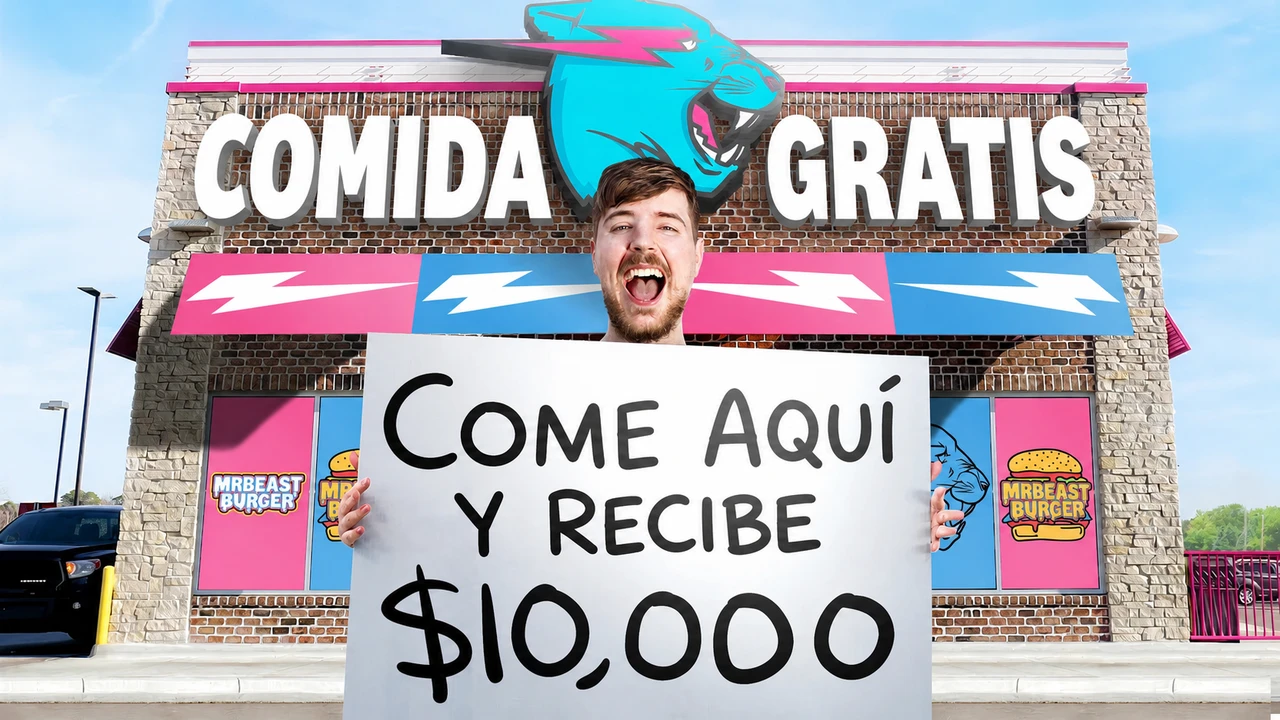 Spanish version of the MrBeast thumbnail reading Comida Gratis and Come Aquí y Recibe $10,000
