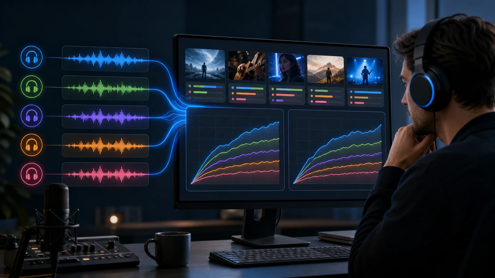 YouTube audio-language analytics dashboard comparing views and watch time across dubbed tracks