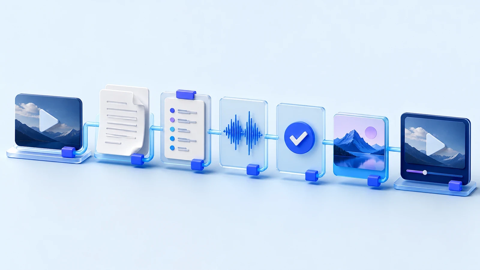 A video release moving through transcript, review, audio, approval, localized image, and public playback