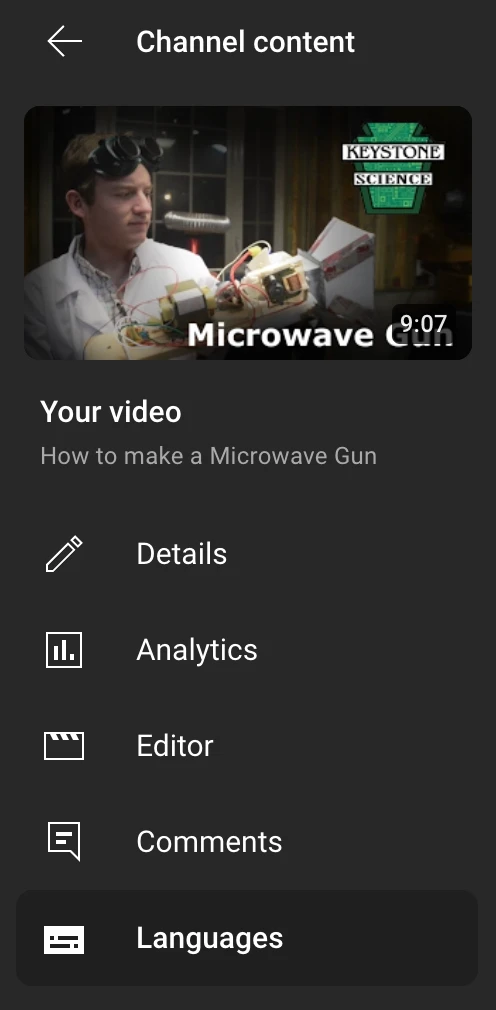 YouTube Studio Languages tab in the video details view